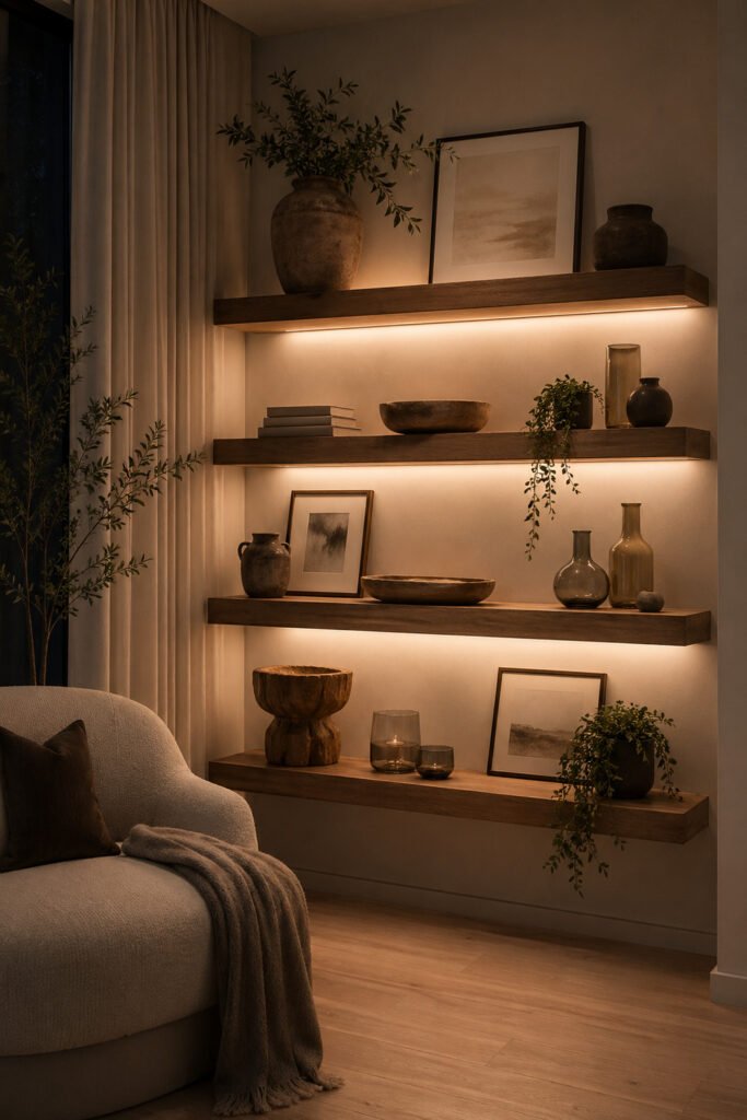 Floating wood shelves with under-shelf lighting, pottery, plants, art, and a boucle chair for cozy room styling.

