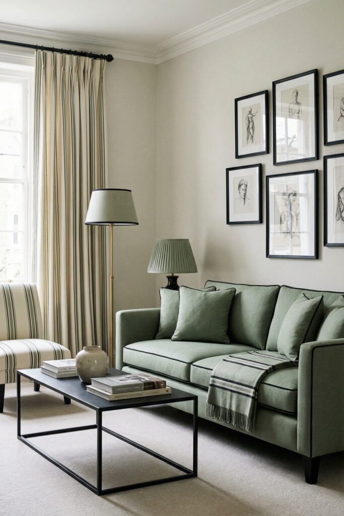 Sage Green And Black Living Room Ideas for a Layered Look 28 Elegant living room with a sage sofa, black coffee table, black gallery frames, striped chair, and pleated lamps in a tailored neutral palette.