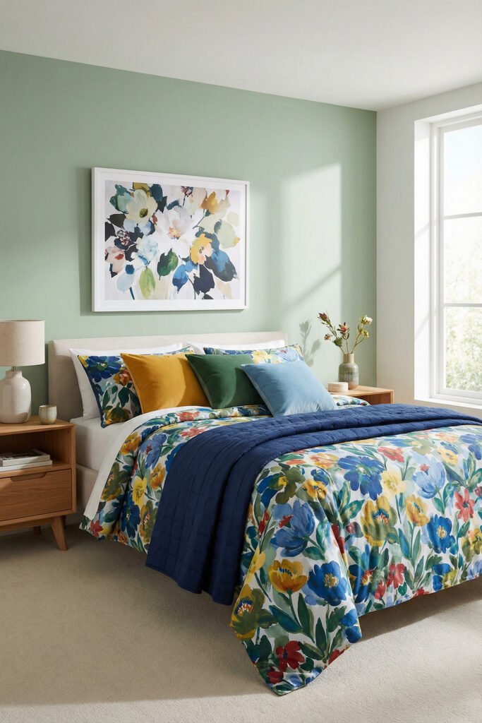Spring Bedding Ideas for a Lighter, Fresher Bedroom 23 Colorful floral bedding with blue, yellow, and coral blooms, velvet pillows, and a navy quilt brings bold spring bedding energy to the bedroom.