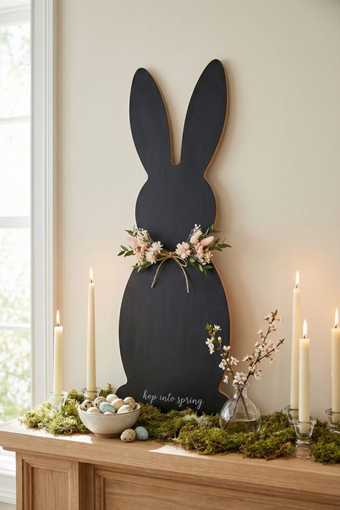 Spring Chalkboard Ideas That Feel Fresh and Easy to Style 22 Tall bunny-shaped chalkboard with floral collar, moss, candles, speckled eggs, and blossom branches on a mantel for elevated spring chalkboard ideas.