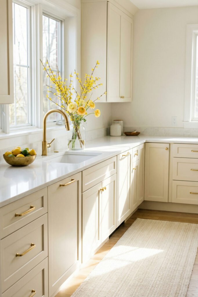Bright cream kitchen with brass faucet, woven runner, lemons, and yellow spring branches in a glass vase by the sink for cheerful spring kitchen décor
