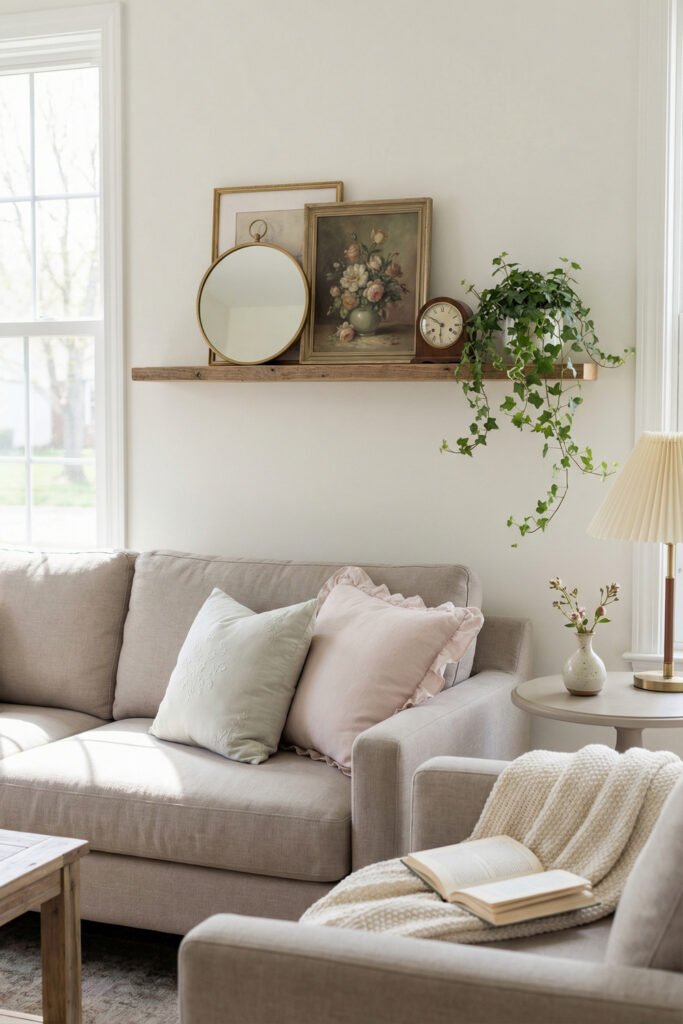 Neutral sofa with blush pillows, floating shelf, ivy plant, pleated lamp, and vintage-style frames in airy spring living room décor.
