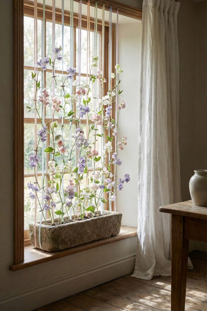 Spring Window Display Ideas For A Light-Filled Season 17 Romantic spring window display with pastel sweet peas climbing ribbons from a stone planter beside airy white curtains.