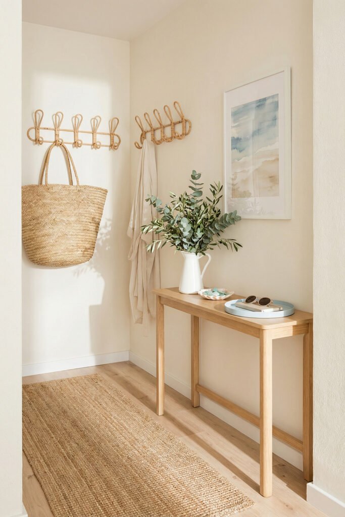 Summer Décor Ideas for an Airy, Collected Home 22 Light entryway with jute rug, wood console, rattan hooks, woven tote, eucalyptus, and soft art for natural summer decor.