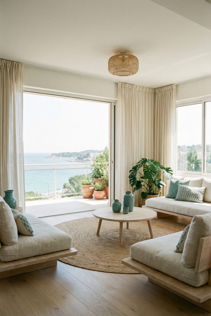 Coastal living room with sea views, pale sofas, teal accents, jute rug, and airy curtains for resort-style summer decor.
