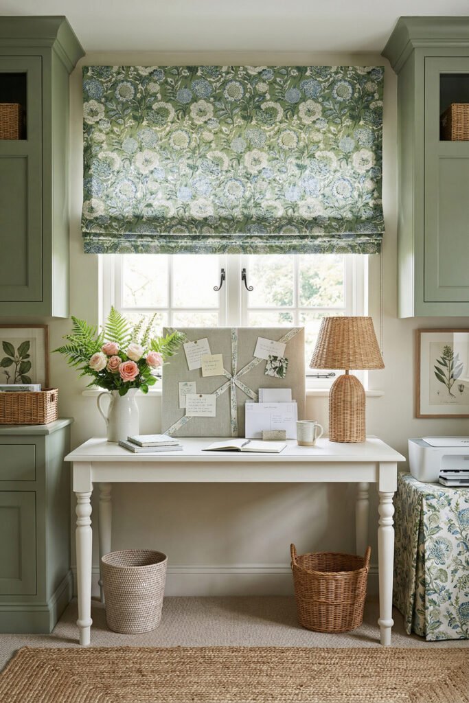 White desk with sage cabinets, floral roman shade, wicker lamp, roses, and pinboard for cottage Summer Office Decor.
