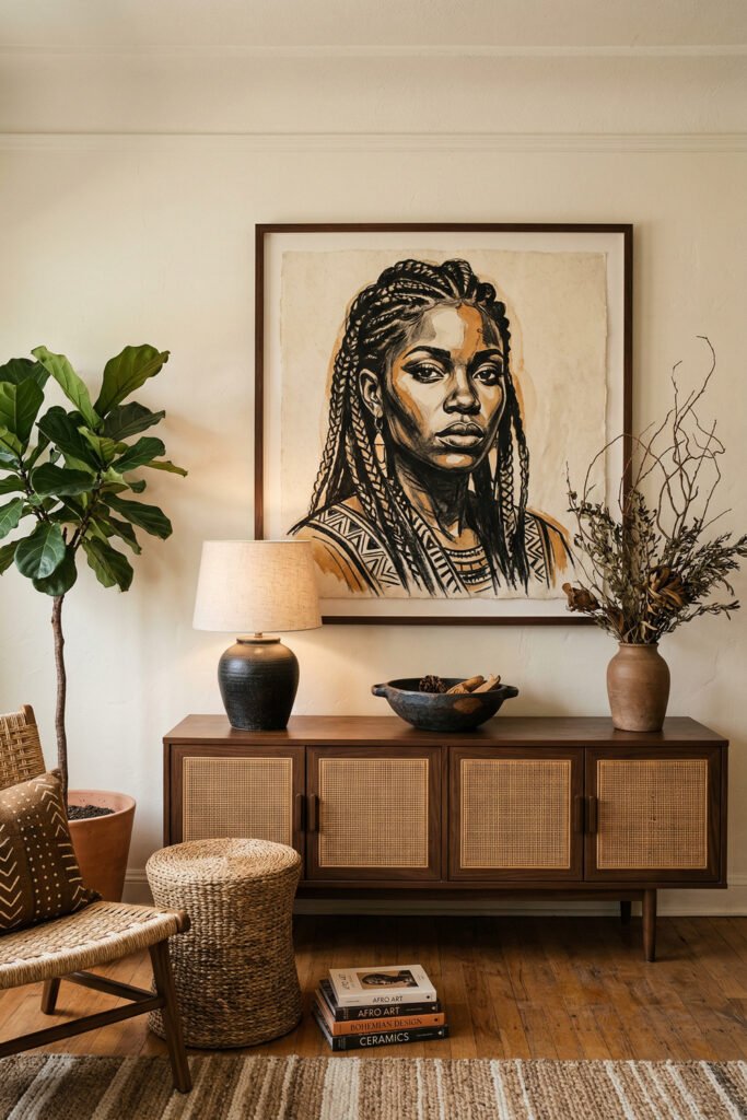 Warm Afro Art vignette with a large framed portrait above a cane-front sideboard, table lamp, vase of branches, woven stool, and natural wood floors
