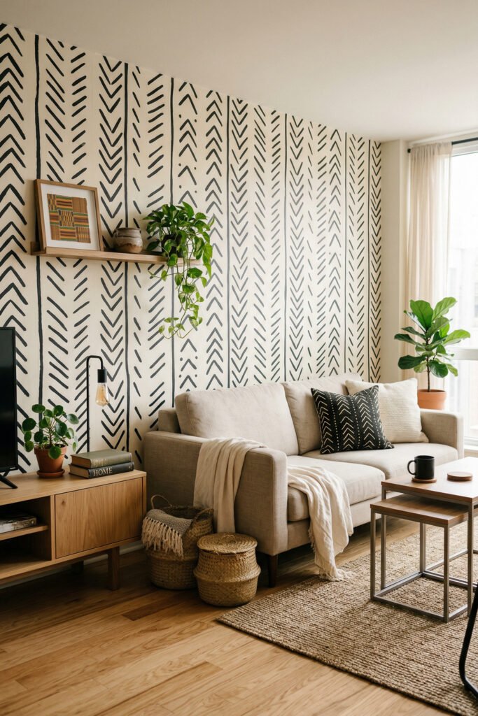 Neutral living room with white mudcloth-inspired accent wall, beige sofa, black patterned pillow, wood console, and woven baskets in Afro Boho Decor style.
