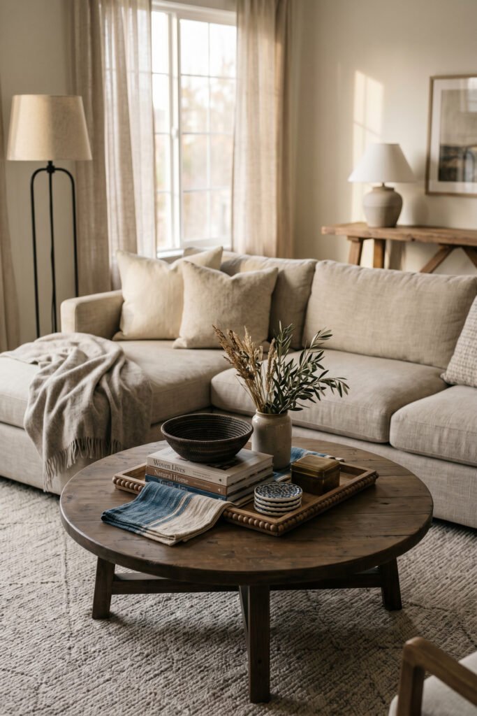 Moody plaster living room with arched shelves, woven baskets, brown patterned pillows, warm lamp, and textured neutral Afro Boho styling.
