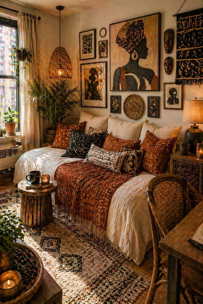 Bold boho bedroom with rust textiles, patterned pillows, global wall art, woven pendant, and apartment vibes decor ideas
