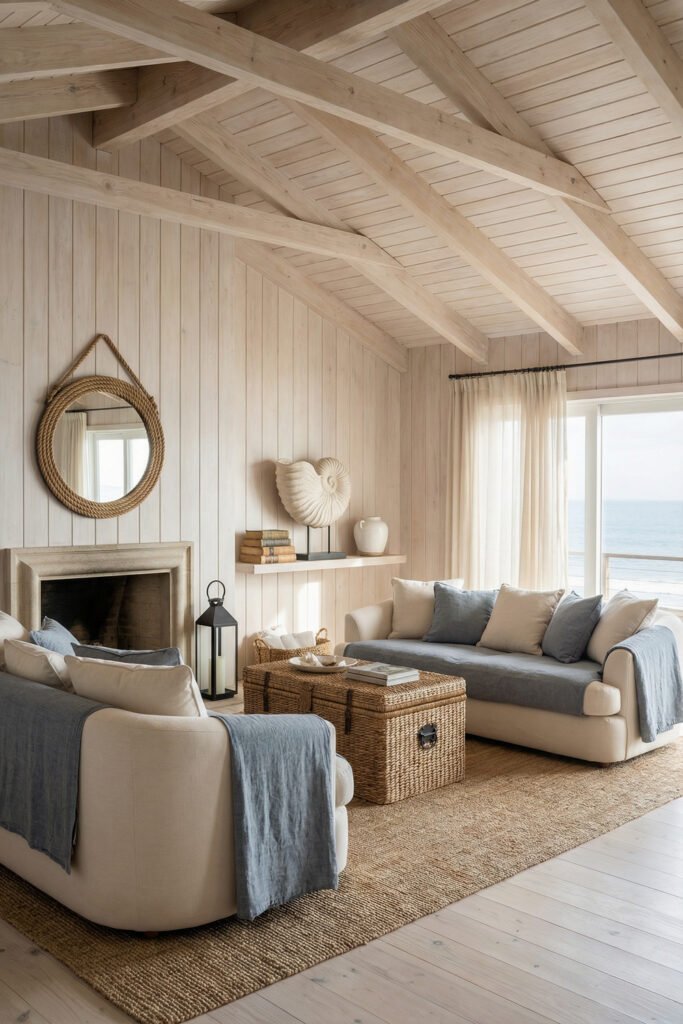 Beach Cottage Decor That Feels Fresh for Summer 25 Airy living room with pale wood walls, blue and cream seating, woven coffee table trunk, and ocean view in elegant beach cottage decor.