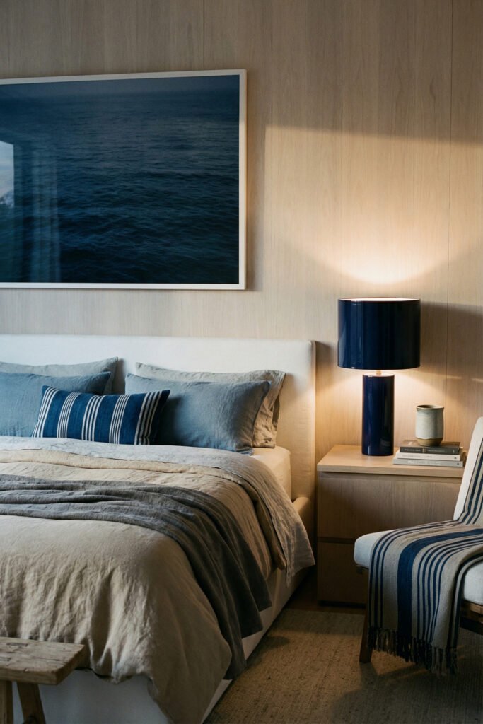 Coastal Summer Aesthetic Ideas for a Breezy Apartment 28 Moody coastal bedroom with blue lamp, ocean art, striped throw, and layered blue-gray bedding in a refined coastal summer aesthetic.