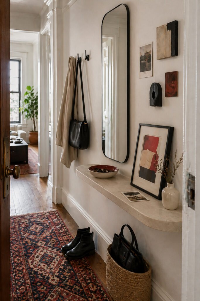 Narrow hallway with floating console, black mirror, hooks, abstract art, woven basket, vintage runner, and decor ideas with personality
