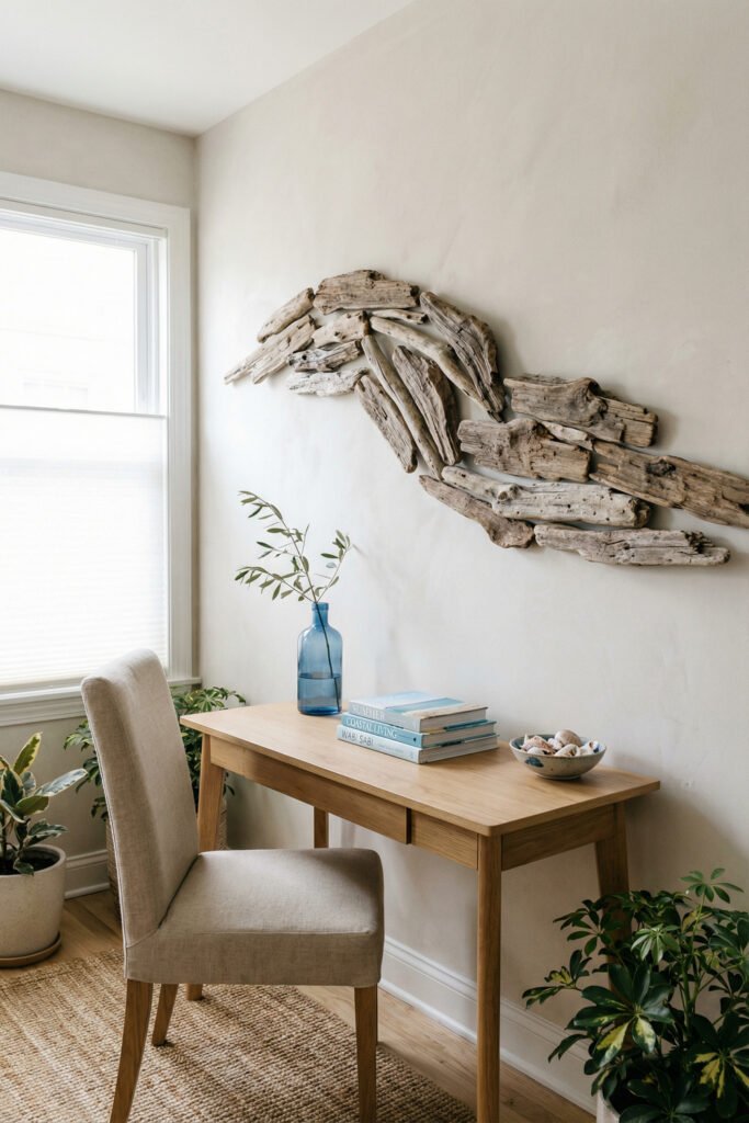 Diy Beach Decor That Feels Fresh for Summer 33 Long driftwood wall art above a small desk with blue bottle and books, modern organic DIY beach decor for summer.