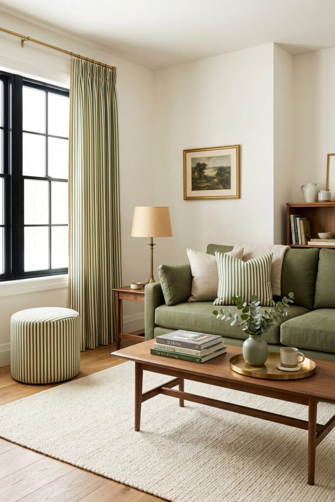 Green And Gold Room Ideas For A Stylish Living Room 37 Soft sage sofa with striped curtains, matching ottoman, brass tray, and walnut coffee table for polished Green And Gold Room Ideas.
