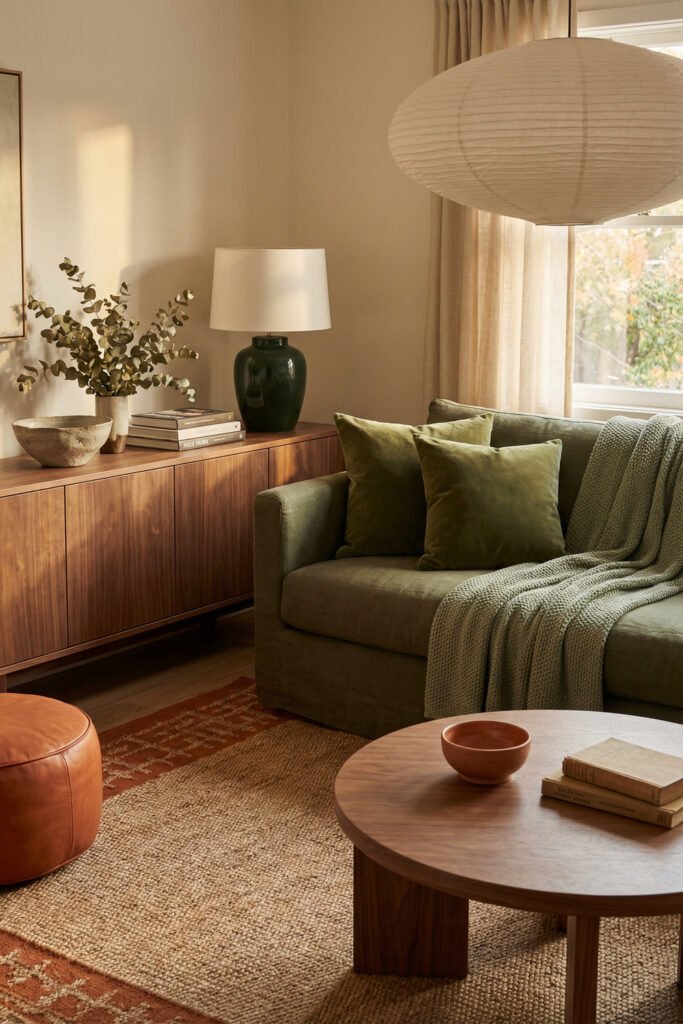 Green Burnt Orange Living Room Ideas With Rich, Easy Style 33 Olive sofa, walnut credenza, rust leather pouf, jute rug and black lamp in a warm Green Burnt Orange Living Room