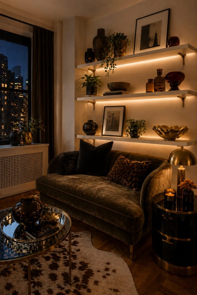 Glam apartment nook with backlit white shelves, velvet chaise, gold lamp, plants, and warm lighting ideas for cozy rooms.
