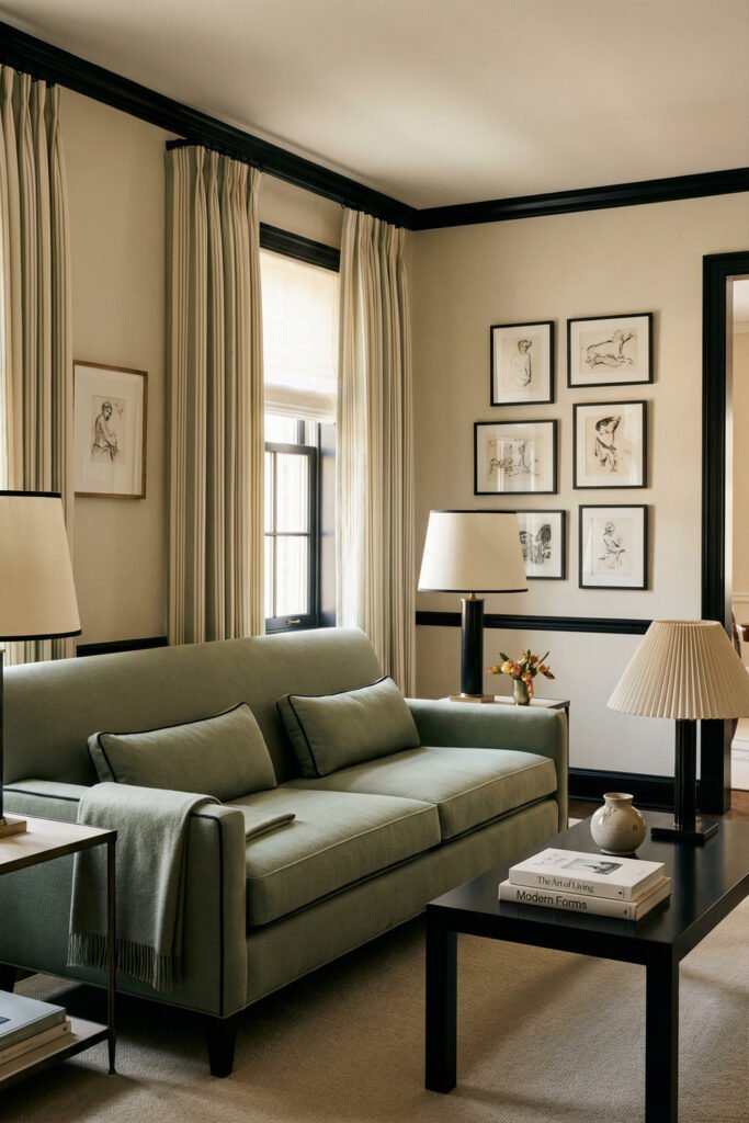 Sage Green And Black Living Room Ideas for a Layered Look 29 Traditional room with sage sofa, black trim, black coffee table, striped drapes, framed figure art, and layered lighting for a polished look.