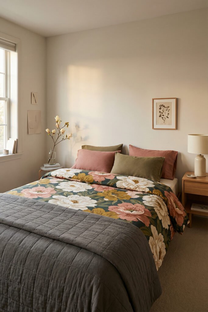 Spring Bedding Ideas for a Lighter, Fresher Bedroom 24 Moody floral bedding with oversized blooms, dusty rose and olive pillows, and a charcoal quilt offers rich, dramatic spring bedding inspiration.