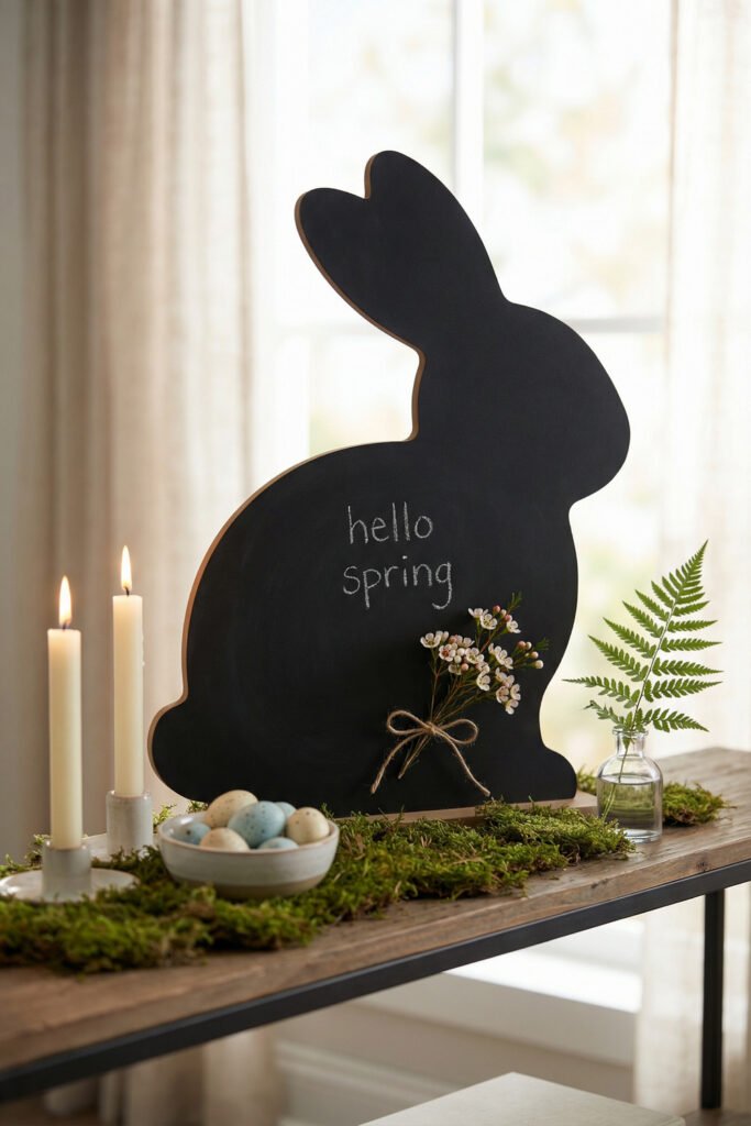 Spring Chalkboard Ideas That Feel Fresh and Easy to Style 23 Side-view bunny chalkboard with “hello spring” lettering, moss garland, candles, pastel eggs, and a small floral bundle on a console table.