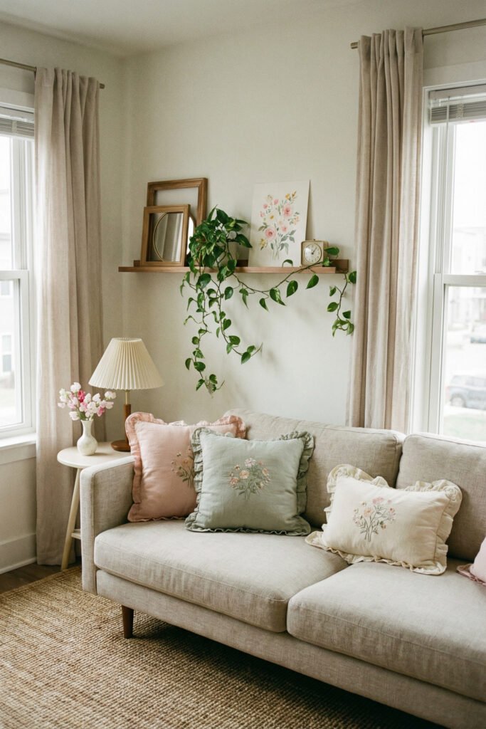 Neutral living room with embroidered pastel pillows, floating shelf, trailing plant, blush curtains, and floral accents for spring living room décor.
