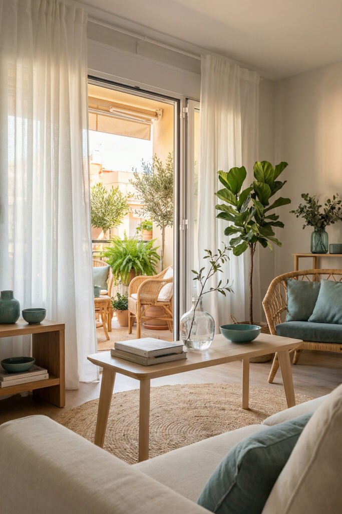 Light-filled living room with open balcony doors, wicker seating, teal accents, and a jute rug in a breezy summer apartment.
