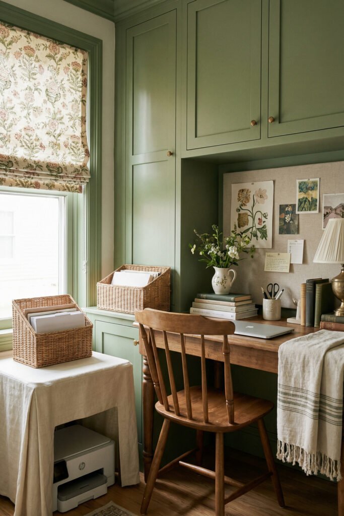 Green built-in office nook with floral shade, wood desk, pinboard, baskets, and vintage-style decor for Summer Office Decor.
