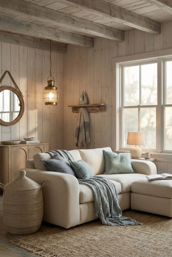 Beach Cottage Decor That Feels Fresh for Summer 26 Wood-paneled living room with creamy sectional, blue pillows, lantern pendant, woven basket, and jute rug in serene beach cottage decor.
