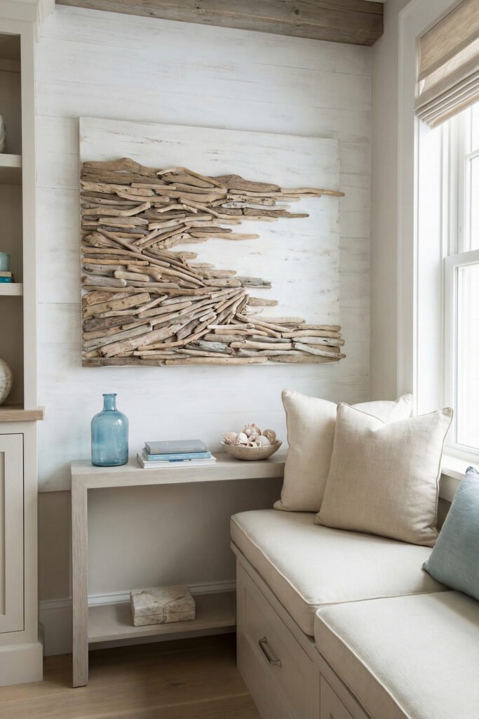 Diy Beach Decor That Feels Fresh for Summer 34 Square driftwood art panel above a light console in a window nook, statement DIY beach decor with natural texture.