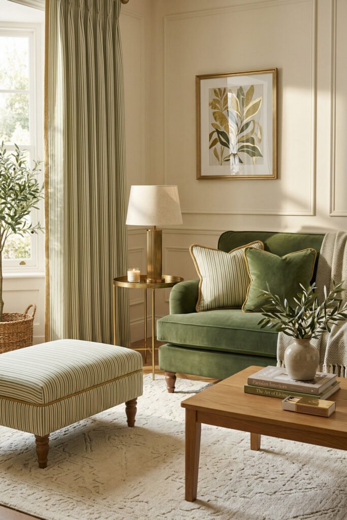 Green And Gold Room Ideas For A Stylish Living Room 38 Olive green velvet chair with striped ottoman, brass side table, tailored curtains, and warm layered neutrals in a refined corner.