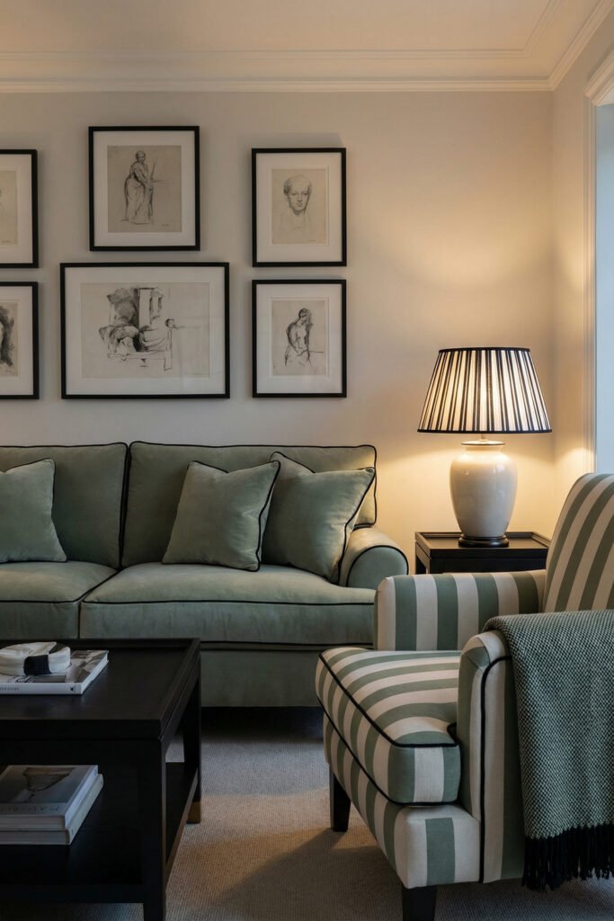 Sage Green And Black Living Room Ideas for a Layered Look 30 Close view of a sage sofa, striped armchair, black side table, pleated lamp, and black-framed sketch gallery in a soft classic room.