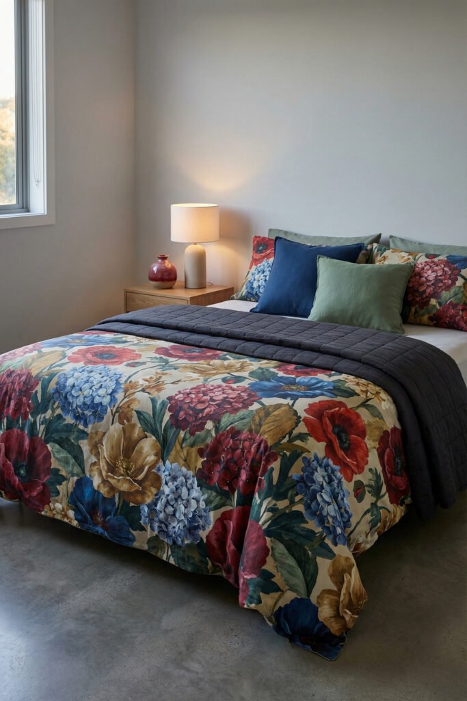 Spring Bedding Ideas for a Lighter, Fresher Bedroom 25 Jewel-toned floral bedding with red, blue, and gold blooms, layered pillows, and a navy quilt creates statement-making spring bedding style.