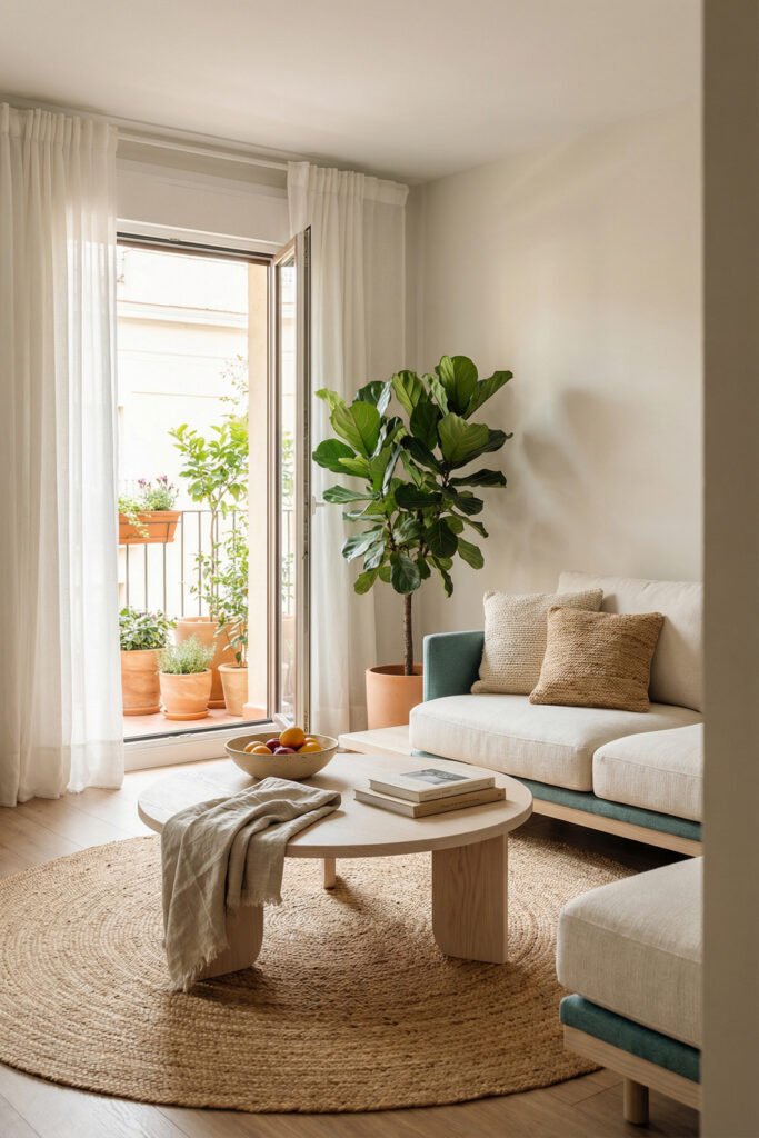 Small living room with balcony garden, round jute rug, fiddle leaf fig, pale sofa, and soft natural textures for summer decor.
