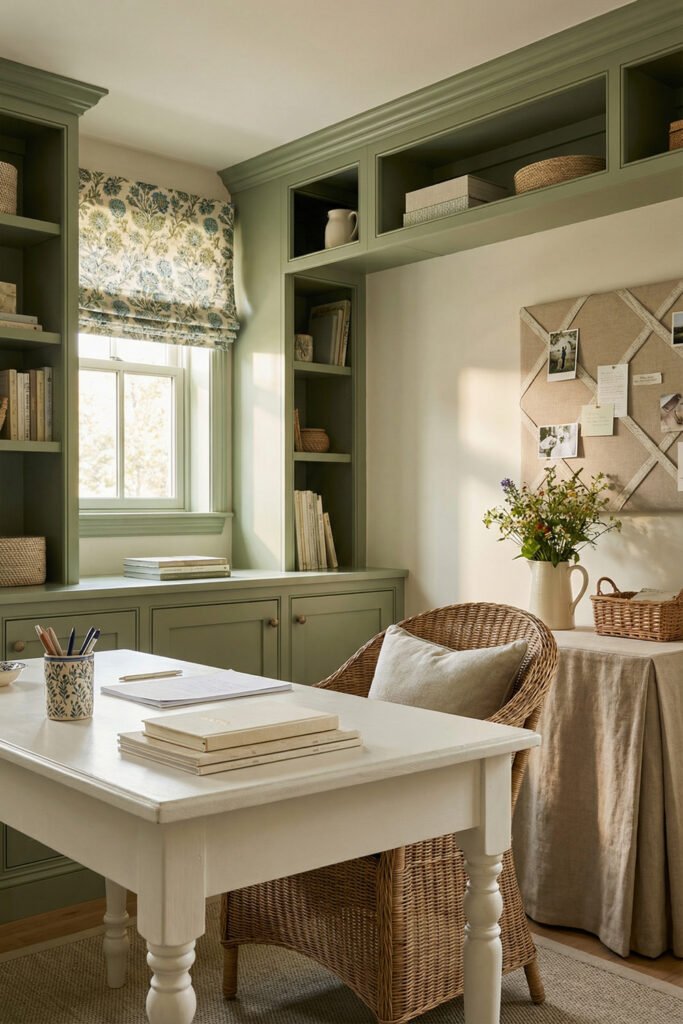 White table with wicker chair, sage built-ins, floral shade, and bulletin board in elegant cottage Summer Office Decor.
