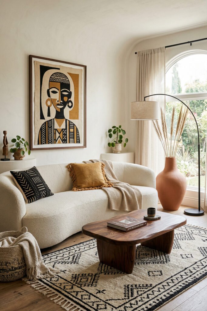 Curved cream sofa with ochre pillows, abstract portrait wall art, terracotta vase, arc lamp, and geometric rug in a warm Afro Boho Decor living room.
