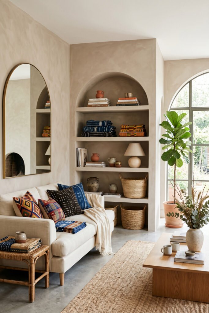Neutral sectional with framed mudcloth-style art, blue runner on round coffee table, baskets, open shelves, and black floor lamp.
