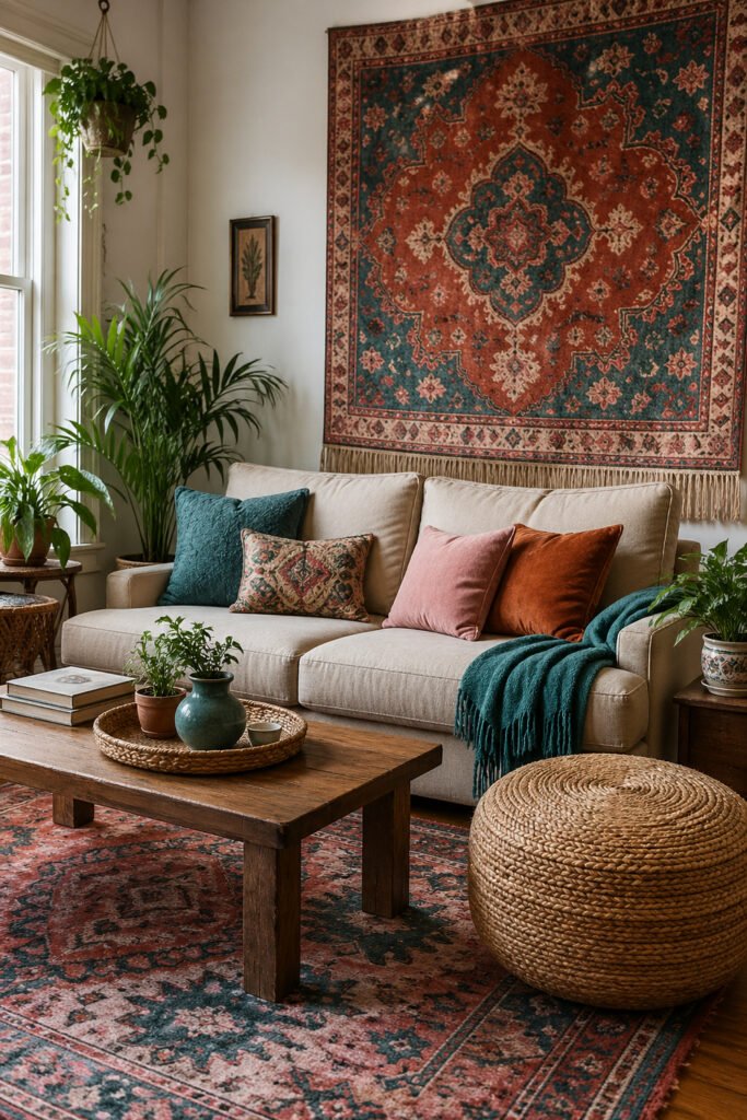 Boho apartment living room with tapestry wall hanging, cream sofa, colorful pillows, woven pouf, plants, and decor ideas with personality
