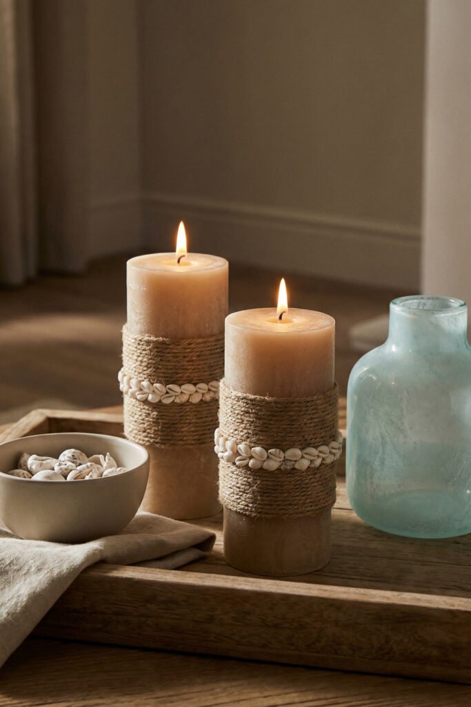 Diy Beach Decor That Feels Fresh for Summer 35 Rope-wrapped pillar candles trimmed with shells on a wooden tray beside a sea glass bottle, cozy DIY beach decor.