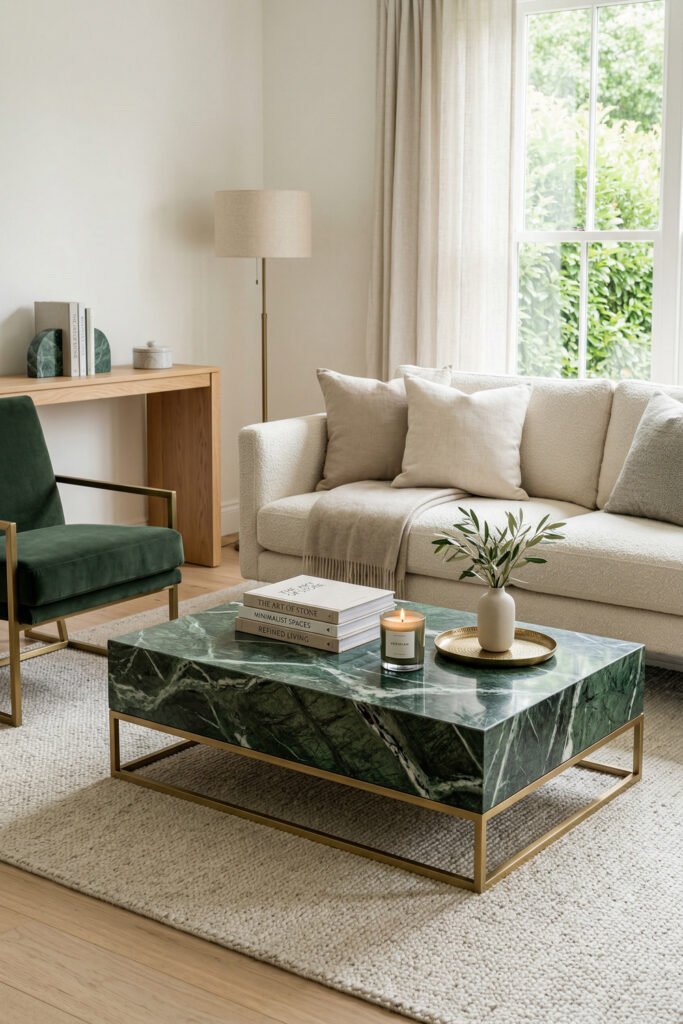 Green And Gold Room Ideas For A Stylish Living Room 39 Cream sofa with dark green marble coffee table, brass base, green velvet chair, and soft neutral styling in a modern living room.