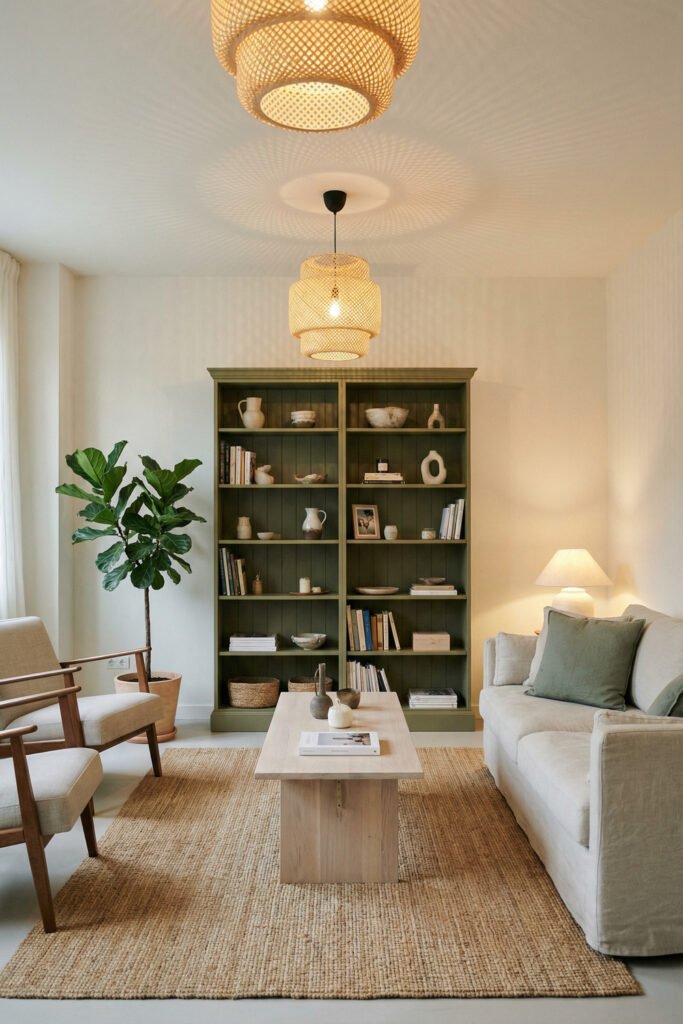 Green Boho Living Room Ideas With Relaxed Style 35 Minimal Green Boho Living Room with olive built-in bookcase, cream sofa, wood coffee table, jute rug, cane chairs, and layered pendant lights.