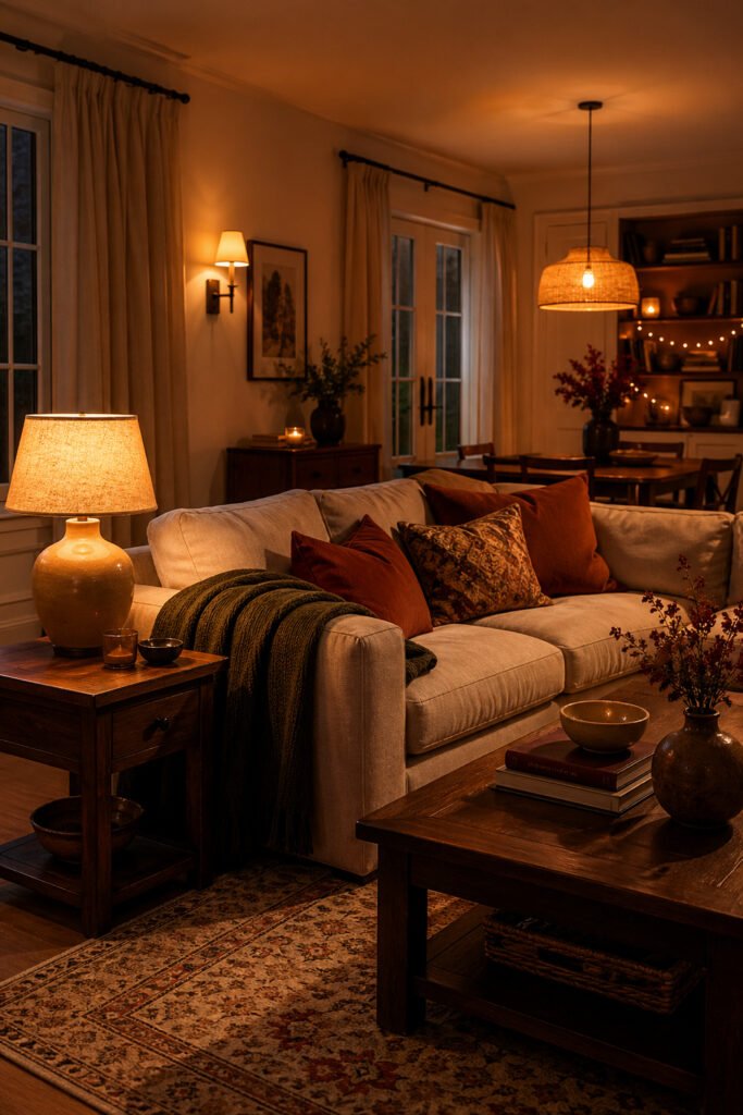 Warm living room with table lamp, wall sconce, woven pendant, fairy lights, rust pillows, and cozy layered lighting.
