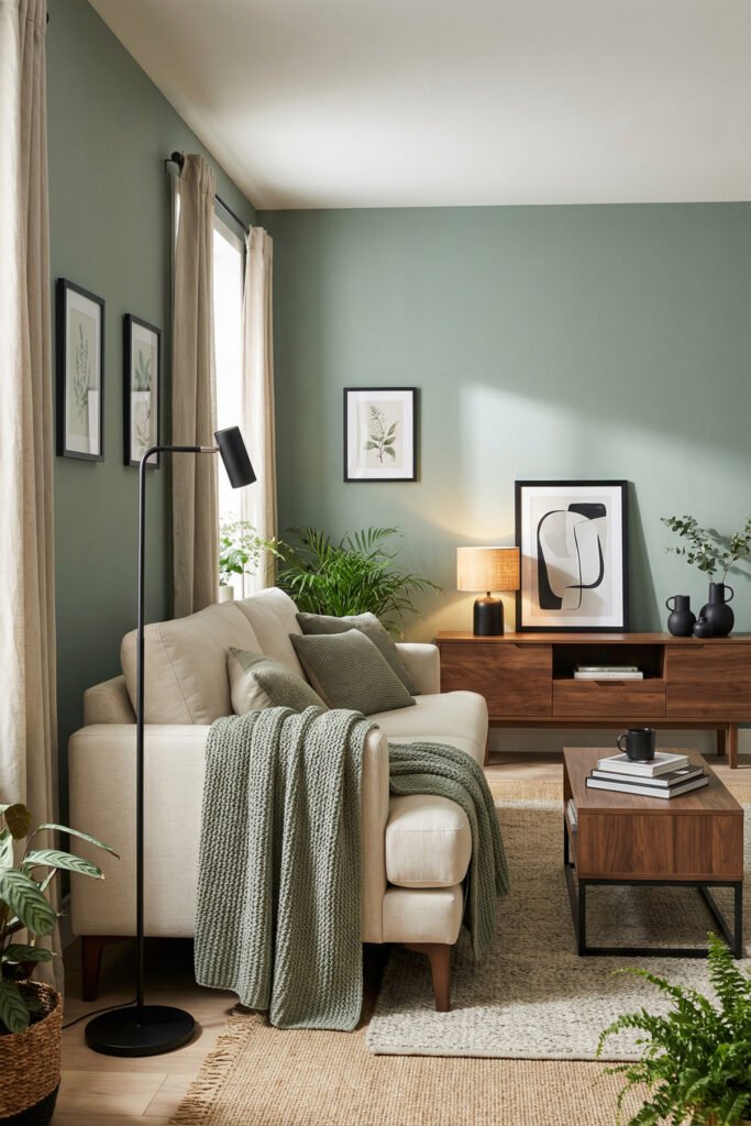 Sage Green And Black Living Room Ideas for a Layered Look 31 Fresh living room with sage walls, cream sofa, black floor lamp, walnut media console, wood coffee table, and cozy knit textures.