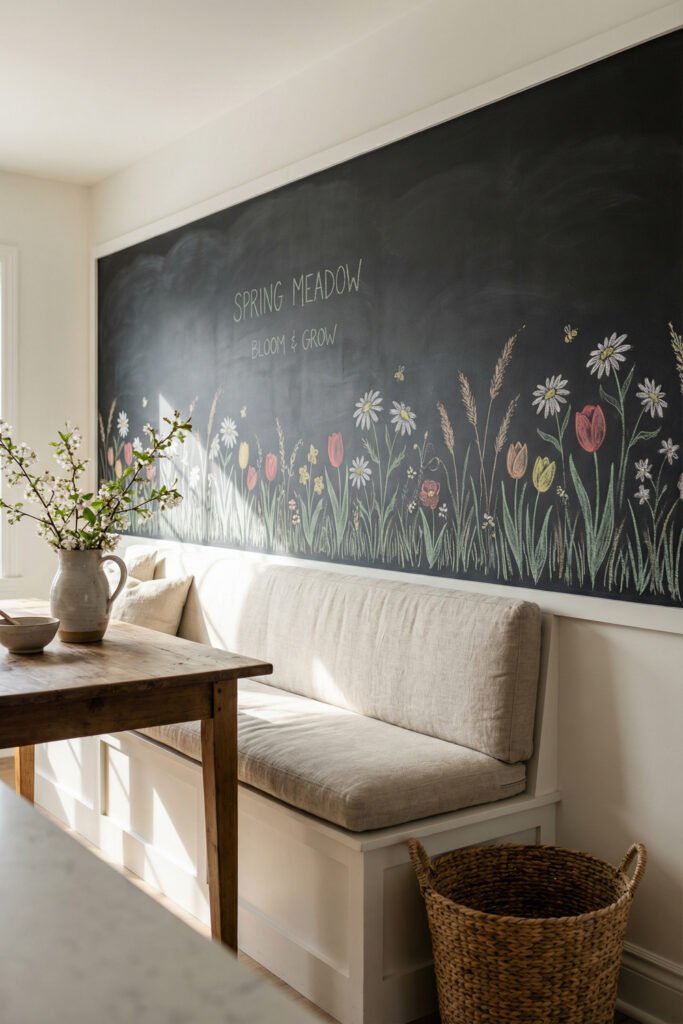 Spring Chalkboard Ideas That Feel Fresh and Easy to Style 25 Oversized dining nook chalkboard mural with meadow flowers, bees, and “Spring Meadow Bloom & Grow” lettering; statement spring chalkboard ideas for a cozy breakfast bench.