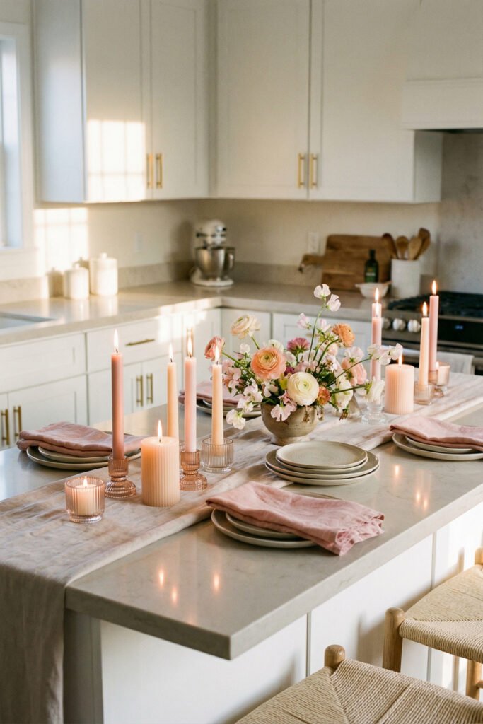 White kitchen island set with blush candles, soft floral centerpiece, layered plates, and pink napkins for elegant spring kitchen décor and seasonal entertaining
