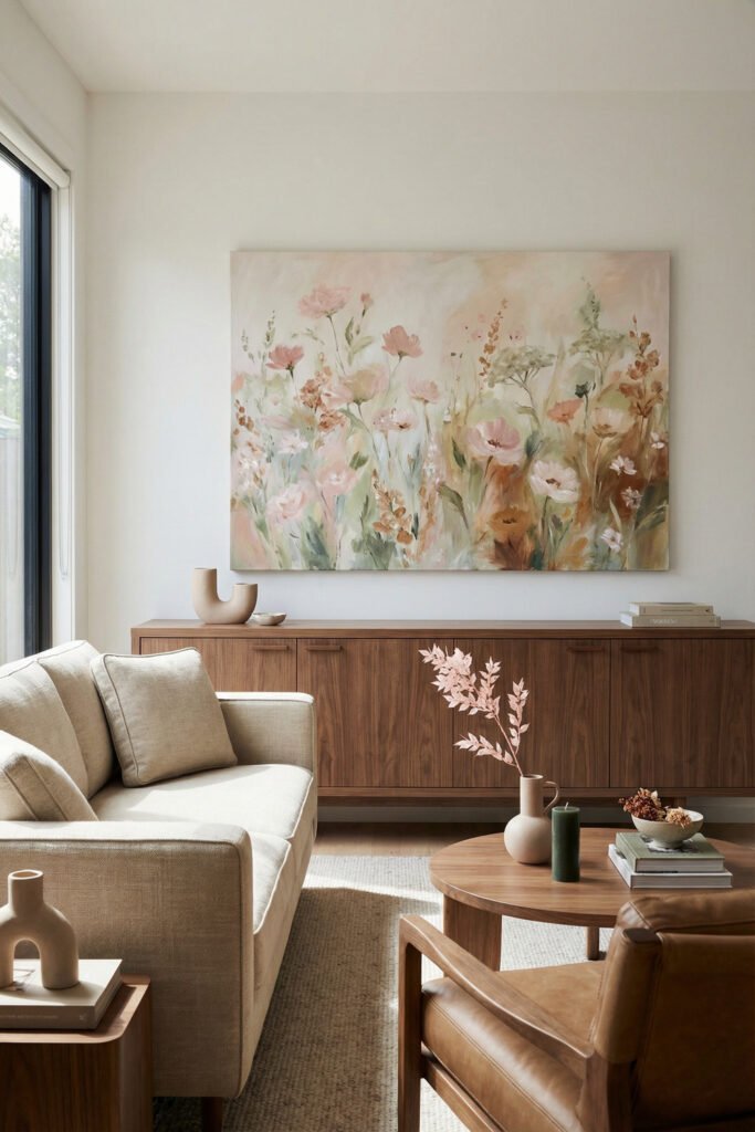 Modern neutral living room with oversized floral painting, walnut credenza, round coffee table, and blush stems for refined spring living room décor.
