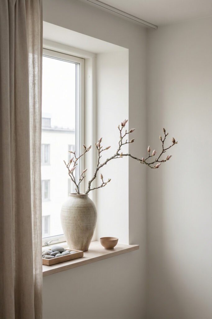 Spring Window Display Ideas For A Light-Filled Season 18 Minimalist spring window display with a large stoneware vase, budding magnolia branches, pebbles, and neutral decor on a pale sill.