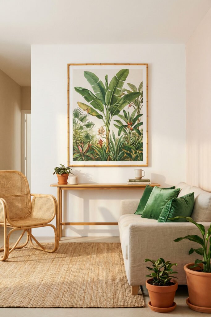 Summer Décor Ideas for an Airy, Collected Home 24 Living room with tropical botanical wall art, rattan chair, jute rug, console table, and green pillows for breezy summer decor.