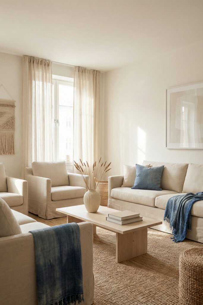 Neutral living room with cream seating, blue throws, light wood table, and woven rug for soft Summer Living Room Decor.
