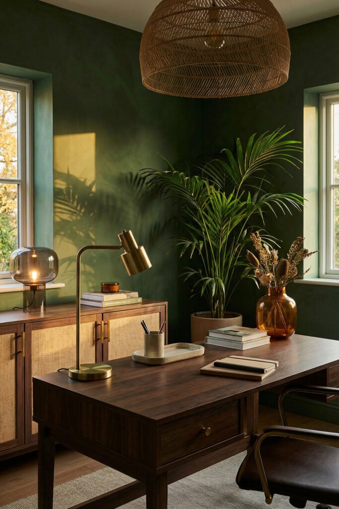 Dark green office with walnut desk, brass lamp, cane cabinet, amber vase, and palm for moody Summer Office Decor.
