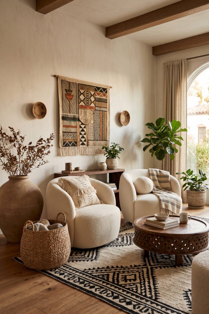 Afro Boho Decor seating nook with two cream boucle chairs, woven wall textile, carved round table, large floor vase, and black-and-cream patterned rug.

